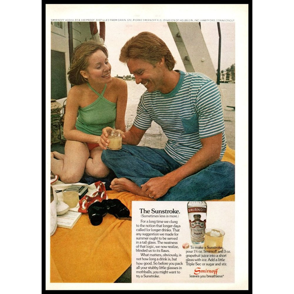 1974 Smirnoff Vodka Sunstroke Cocktail Vintage Print Ad Picnic Beach Ocean Decor